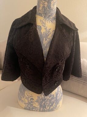 Chocolate Cropped Double-Breasted Floral Jacquard Jacket